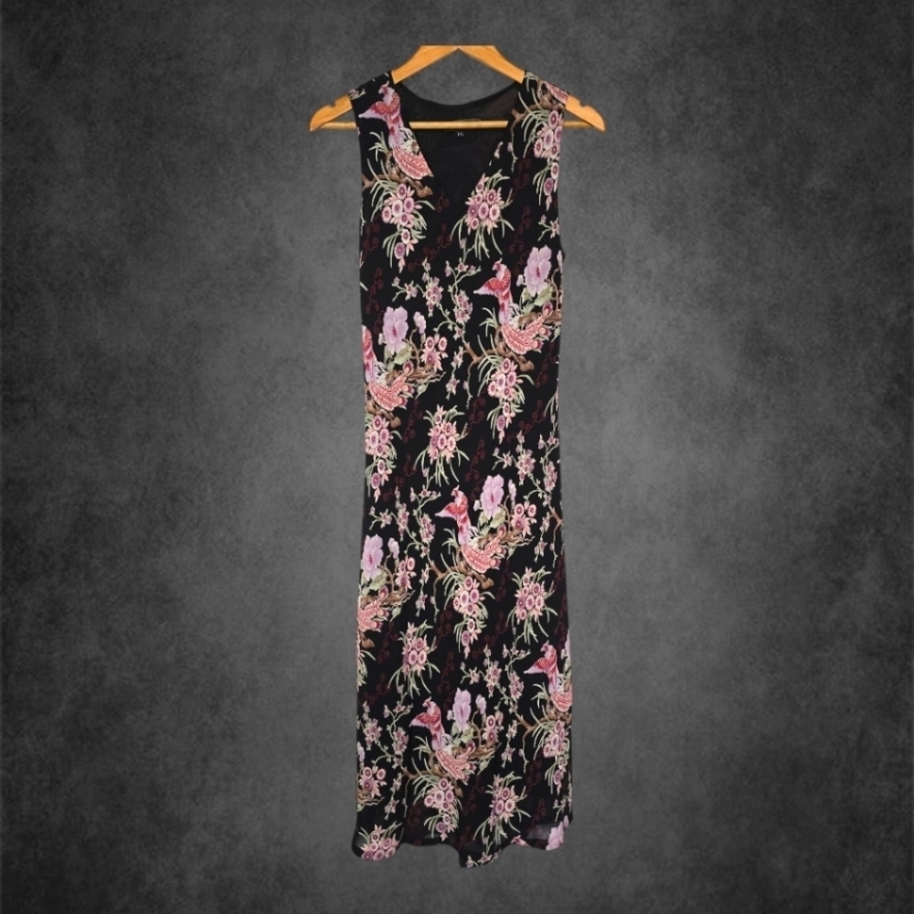 Vintage Lily Oriental Floral Phoenix Dress P/L Black Pink Mesh Overlay Y2K Midi - Picture 3 of 10